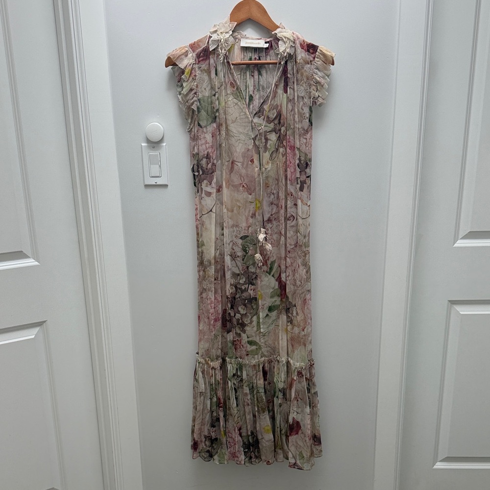 Zimmermann Semi Sheer Floral Ruffle Maxi Dress